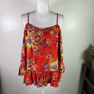 BeachLunchLounge Floral Red Women's Top spaghetti strap peplum bell sleeve Sz M